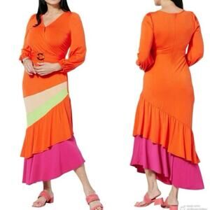 MEGAN RENEE Tiered Ruffle Asymmetrical Tropical Midi Dress Stretchy - Sz Small